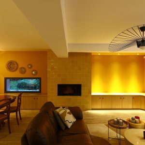 agencement bas cheminée et bibliothèque